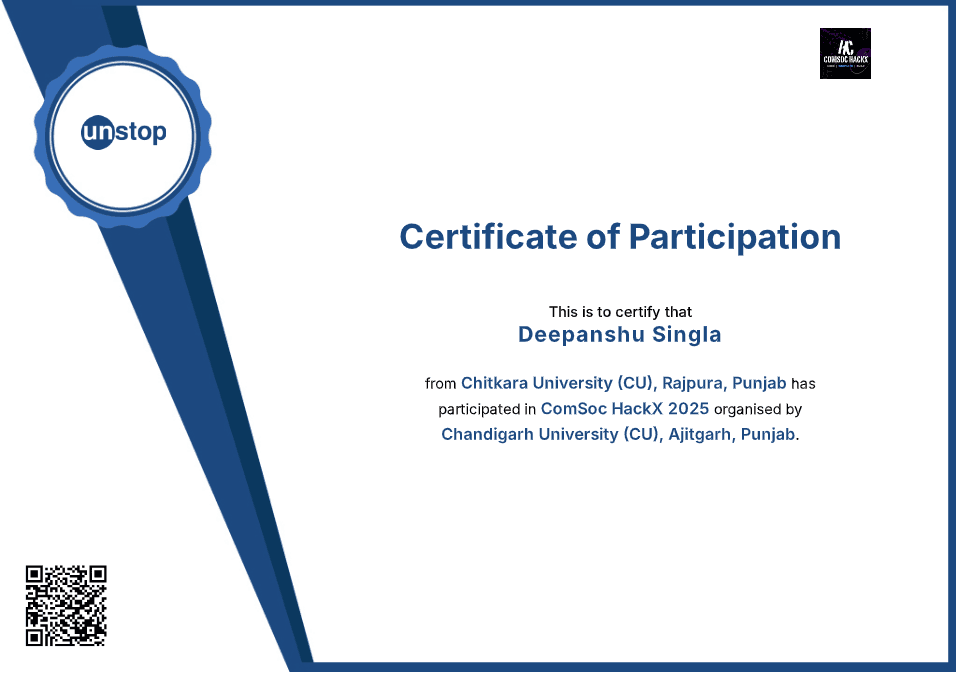 ComSoc HackX 2025 hackathon certificate