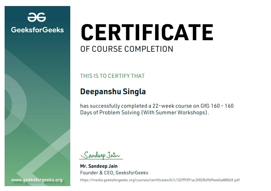 GeeksforGeeks - 160 Days of Problem Solving certificate